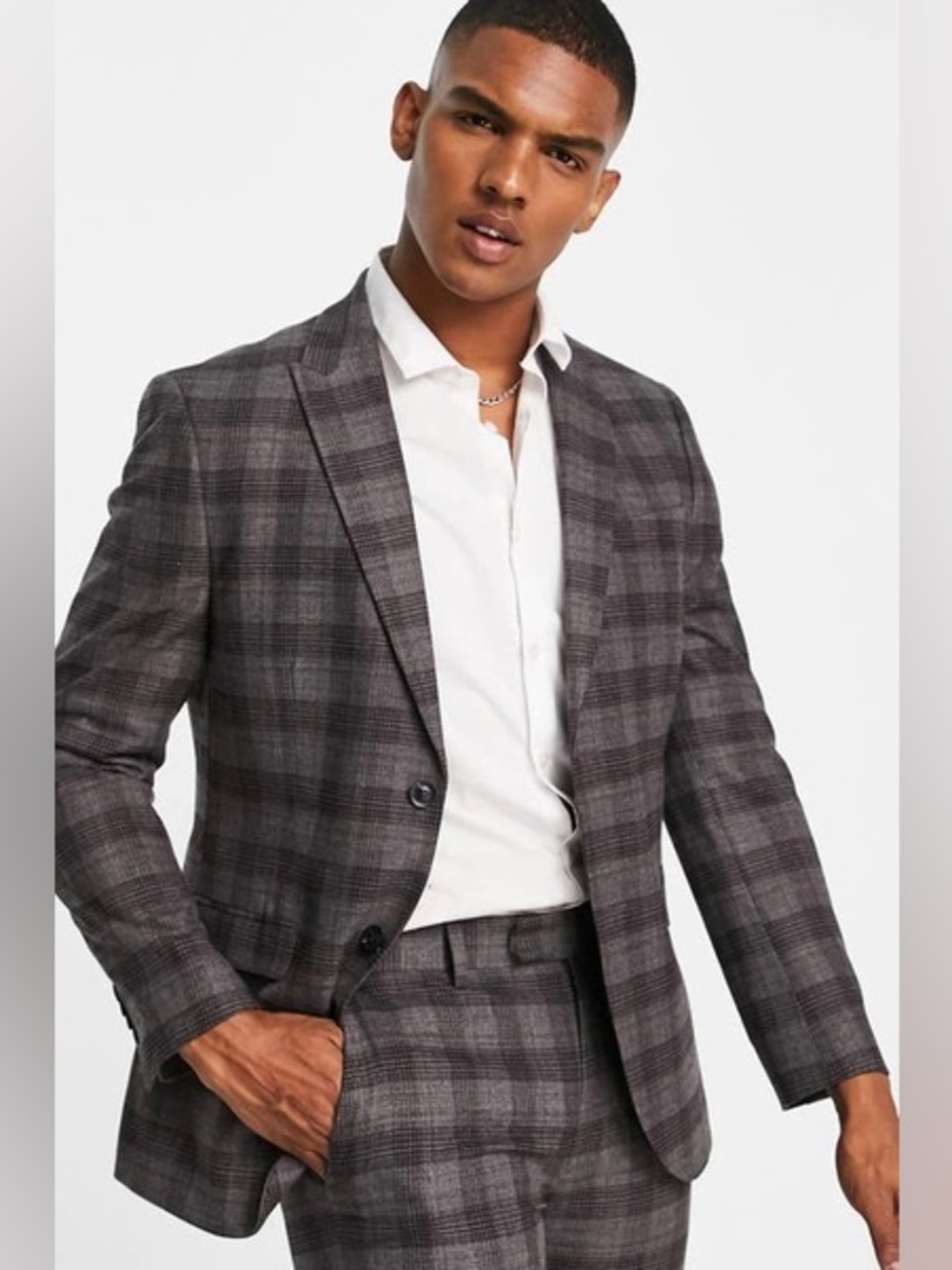Topman Skinny Two Button Fabric Check Suit Jacket in Grey, Black, Brown Size 40L